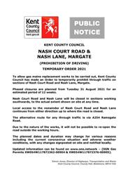 KCC Notice - Road Closure - Nash Lane/Nash Court Road - 31.08.2021
